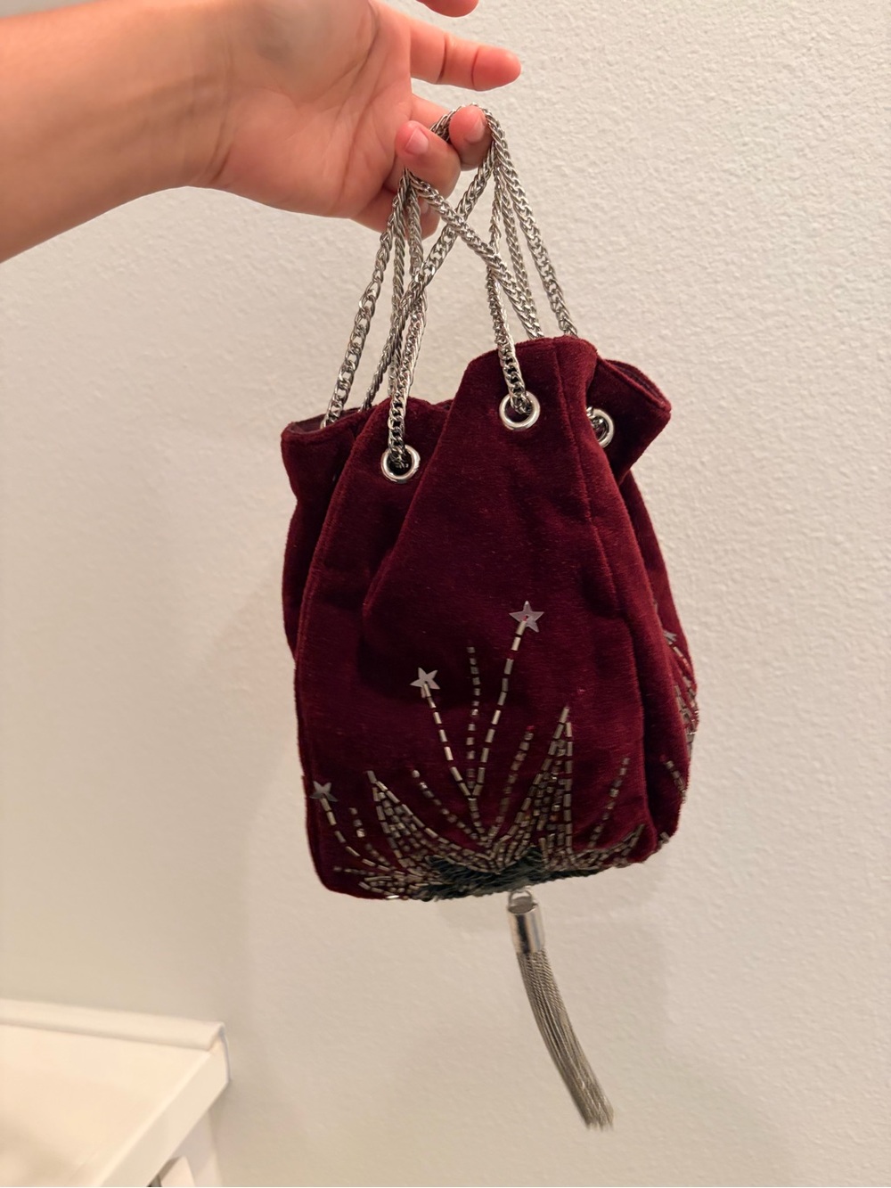 ZARA Velvet Drawstring Evening Bag - Burgundy